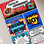 スーパーヒーローカップルズベビーシャワーパーティの招待状 招待状