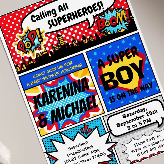 スーパーヒーローカップルズベビーシャワーパーティの招待状 招待状