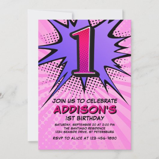 スーパーヒーローガールの最初の誕生日招待状 招待状 (正面)