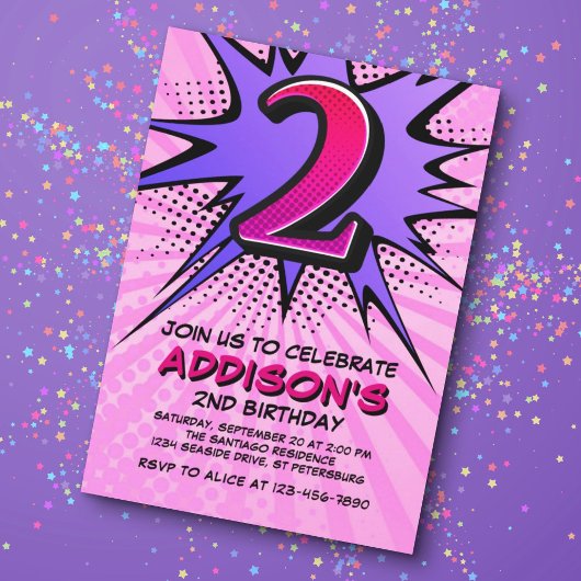 スーパーヒーローガールの第2誕生日招待状 招待状