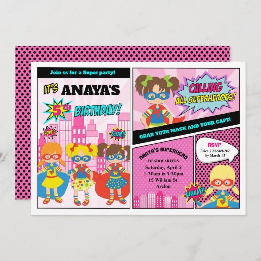 スーパーヒーローガールズ誕生日ガールパワーヒすごいーロー 招待状 (正面/裏面)