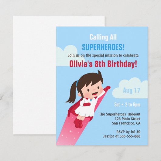 スーパーヒーローガールズ 誕生日会 招待状 (正面/裏面)