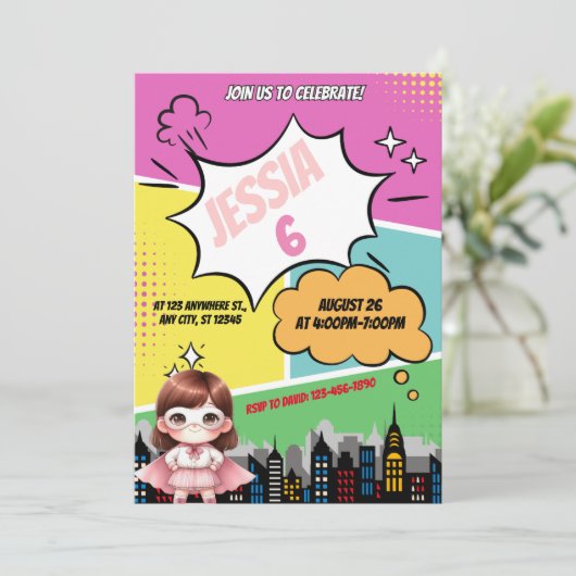 スーパーヒーローガールバースデーパーティーの招待 シーズンカード (スタンド正面)