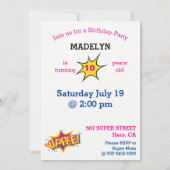 スーパーヒーローガールファンタスティックセンセーショナル誕生日 招待状 (裏面)