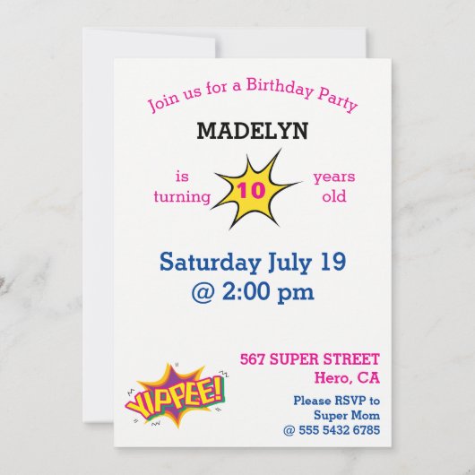 スーパーヒーローガールファンタスティックセンセーショナル誕生日 招待状 (裏面)