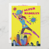スーパーヒーローガールファンタスティックセンセーショナル誕生日 招待状 (正面/裏面)