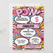 スーパーヒーローガール漫画ブックバースデーパーティーピンク 招待状 (正面)