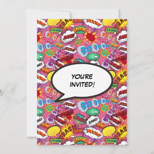 スーパーヒーローガール漫画ブックバースデーパーティーピンク 招待状 (裏面)