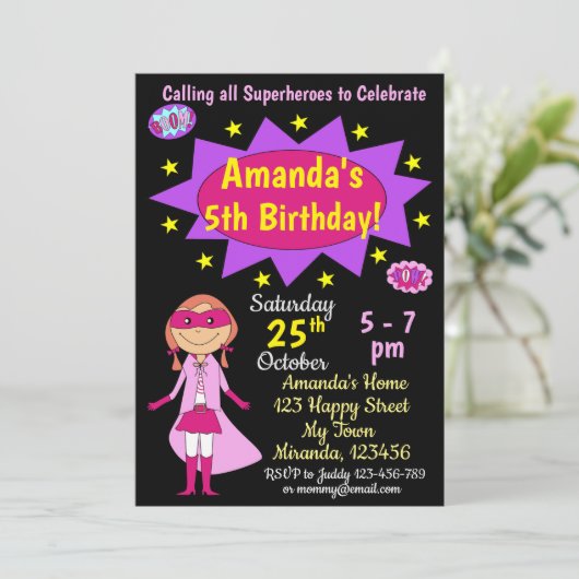スーパーヒーローガール誕生日招待状 招待状 (スタンド正面)