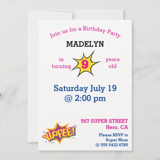 スーパーヒーローガール誕生日漫画⚡おもしろいファブUSA 招待状 (裏面)