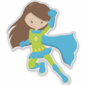スーパーヒーローガール、かわいい女の子、ブラウンヘア、ブルーケープ シール (正面)