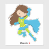 スーパーヒーローガール、かわいい女の子、ブラウンヘア、ブルーケープ シール (シート)