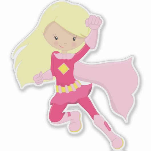 スーパーヒーローガール、かわいい女の子、ブロンド髪、ピンクケープ シール (正面)