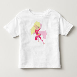 スーパーヒーローガール、かわいい女の子、ブロンド髪、ピンクケープ トドラーTシャツ