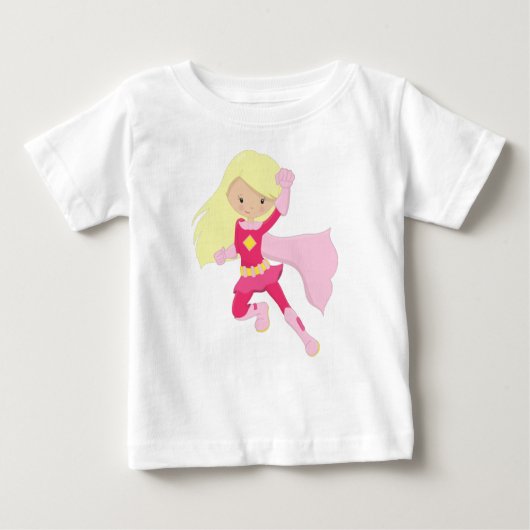 スーパーヒーローガール、かわいい女の子、ブロンド髪、ピンクケープ ベビーTシャツ (正面)