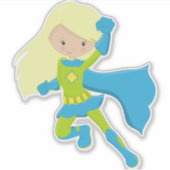 スーパーヒーローガール、かわいい女の子、ブロンド髪、ブルーケープ シール (正面)