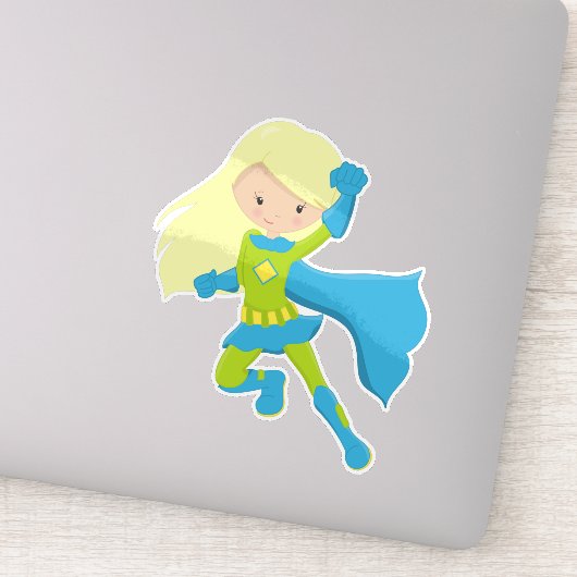 スーパーヒーローガール、かわいい女の子、ブロンド髪、ブルーケープ シール (詳細)