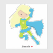 スーパーヒーローガール、かわいい女の子、ブロンド髪、ブルーケープ シール (シート)