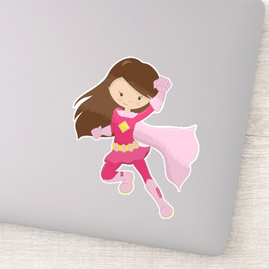 スーパーヒーローガール、かわいい女の子、茶色の髪、ピンクの岬 シール (詳細)
