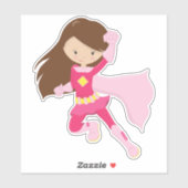 スーパーヒーローガール、かわいい女の子、茶色の髪、ピンクの岬 シール (シート)