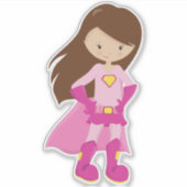 スーパーヒーローガール、ブラウンヘア、かわいい女の子、ピンクの岬 シール (正面)