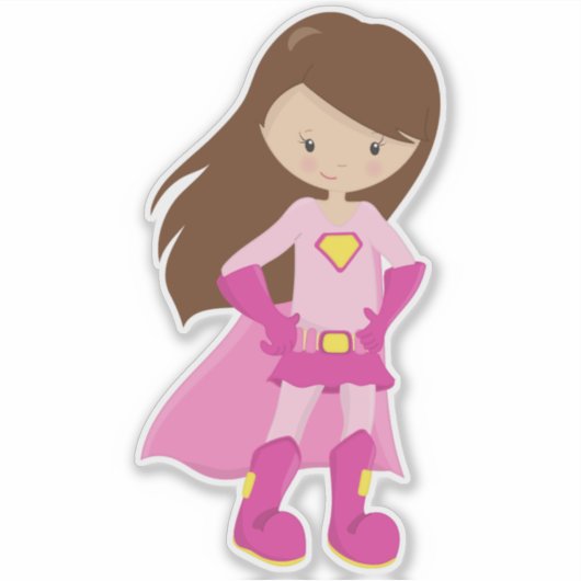 スーパーヒーローガール、ブラウンヘア、かわいい女の子、ピンクの岬 シール (正面)