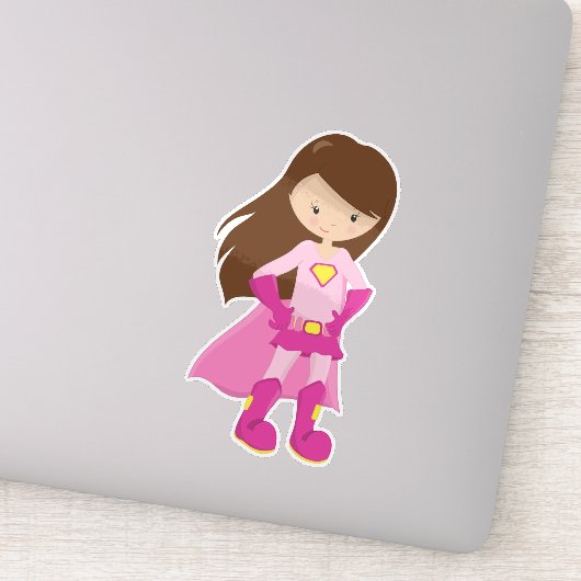 スーパーヒーローガール、ブラウンヘア、かわいい女の子、ピンクの岬 シール (詳細)