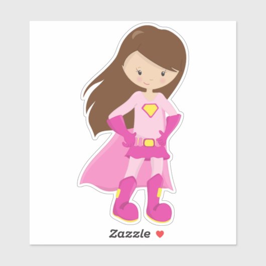 スーパーヒーローガール、ブラウンヘア、かわいい女の子、ピンクの岬 シール (シート)