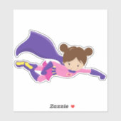 スーパーヒーローガール、ブラウンヘア、パープルケープ、かわいい女の子 シール (シート)