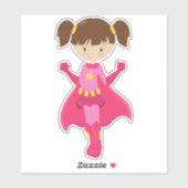 スーパーヒーローガール、ブラウンヘア、ピンクケープ、かわいい女の子 シール (シート)