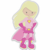 スーパーヒーローガール、ブロンド髪、かわいい女の子、ピンクの岬 シール (正面)
