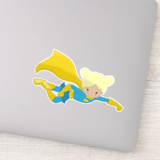 スーパーヒーローガール、ブロンド髪、ヒーロー、イエローケープ シール (詳細)