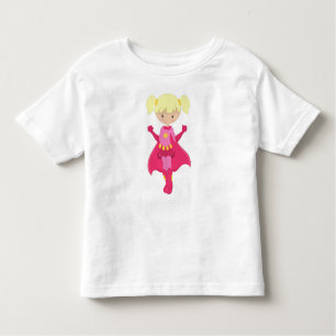スーパーヒーローガール、ブロンド髪、ピンクケープ、かわいい女の子 トドラーTシャツ