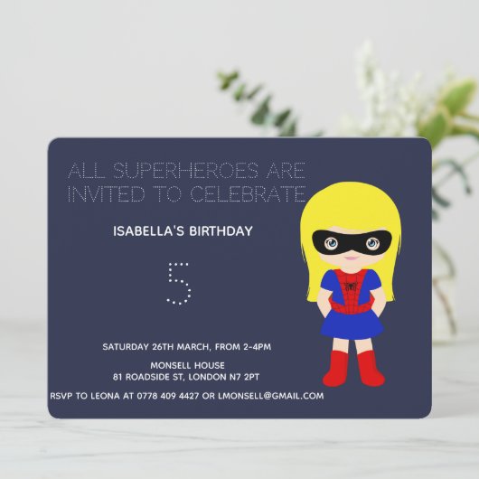 スーパーヒーローキッズガールズバースデーパーティー招待状 招待状 (スタンド正面)