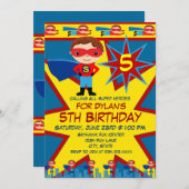 スーパーヒーローキッズボーイズバースデーパーティー招待ブルー 招待状 (正面/裏面)