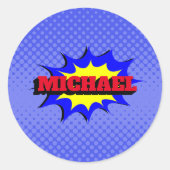 スーパーヒーローキッズ漫画パーソナライズされたブック名 ラウンドシール (正面)