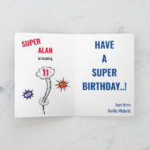 スーパーヒーローグリーン飛んでいるボーイアメージングファブ誕生日  カード (内部)