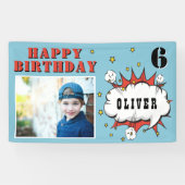 スーパーヒーローコミックの吹き出し付きの少年誕生日写真 横断幕 (横)
