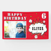 スーパーヒーローコミックの吹き出し付き少年誕生日写真 横断幕 (横)