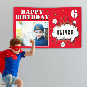 スーパーヒーローコミックの吹き出し付き少年誕生日写真 横断幕