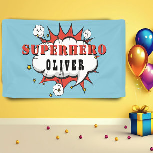 スーパーヒーローコミックの吹き出し 少年 誕生日パーティー 横断幕