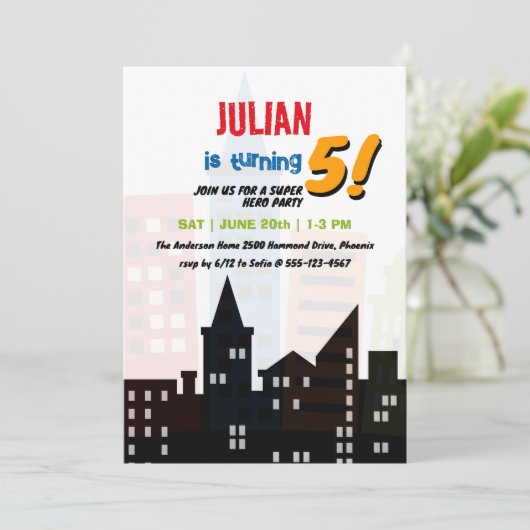 スーパーヒーローシティ建物テーマ子供の誕生日 招待状 (スタンド正面)