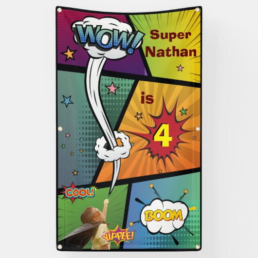 スーパーヒーロースネジーお尻誕生日スピーチバブル記号 横断幕 (縦)