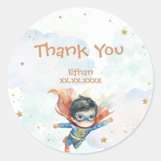 スーパーヒーロースーパーボーイ子供の誕生日感謝していユー ラウンドシール (正面)