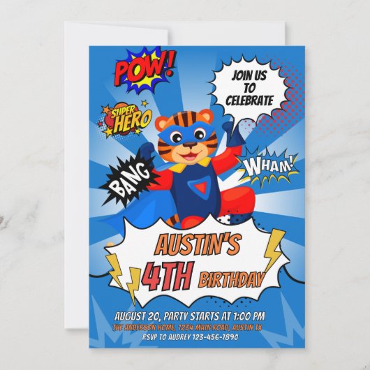 スーパーヒーロータイガー誕生日パーティー 招待状 (正面)