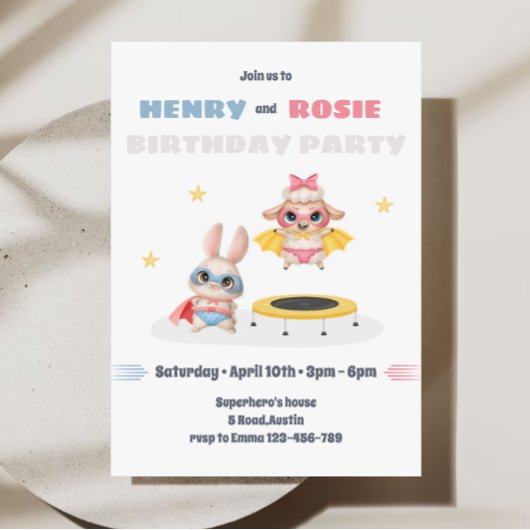スーパーヒーローツインズバースデーパーティーへの招待 招待状