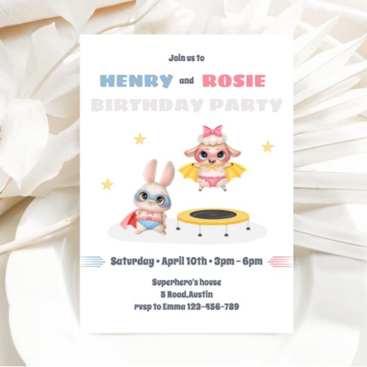 スーパーヒーローツインズバースデーパーティーへの招待 招待状