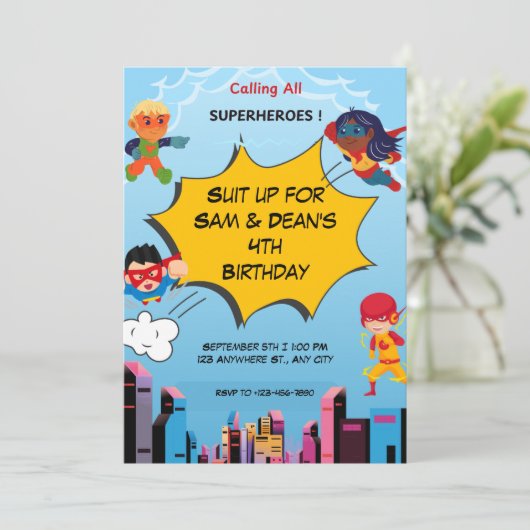 スーパーヒーローツイン4th誕生日パーティの招待状 招待状 (スタンド正面)
