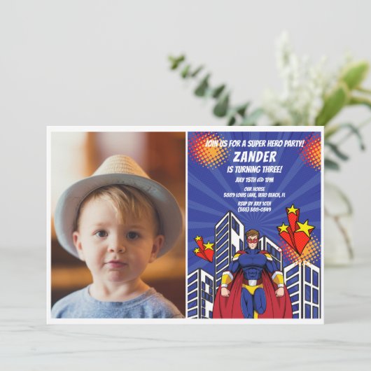 スーパーヒーローテーマフォトボーイズ3rd誕生日パーティー 招待状 (スタンド正面)