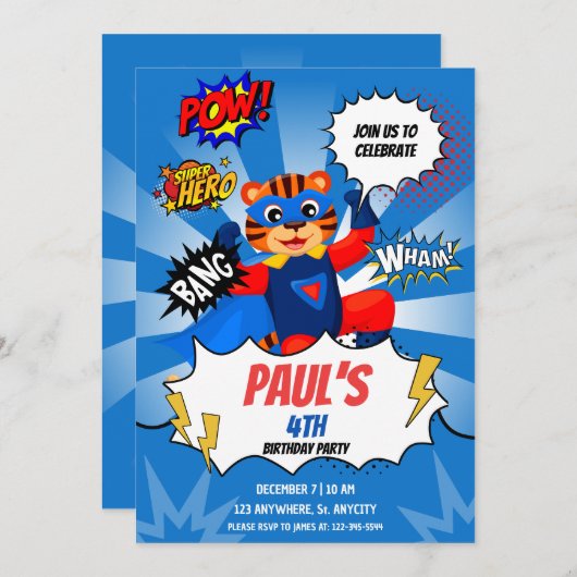 スーパーヒーローテーマ子供の誕生日パーティー 招待状 (正面/裏面)